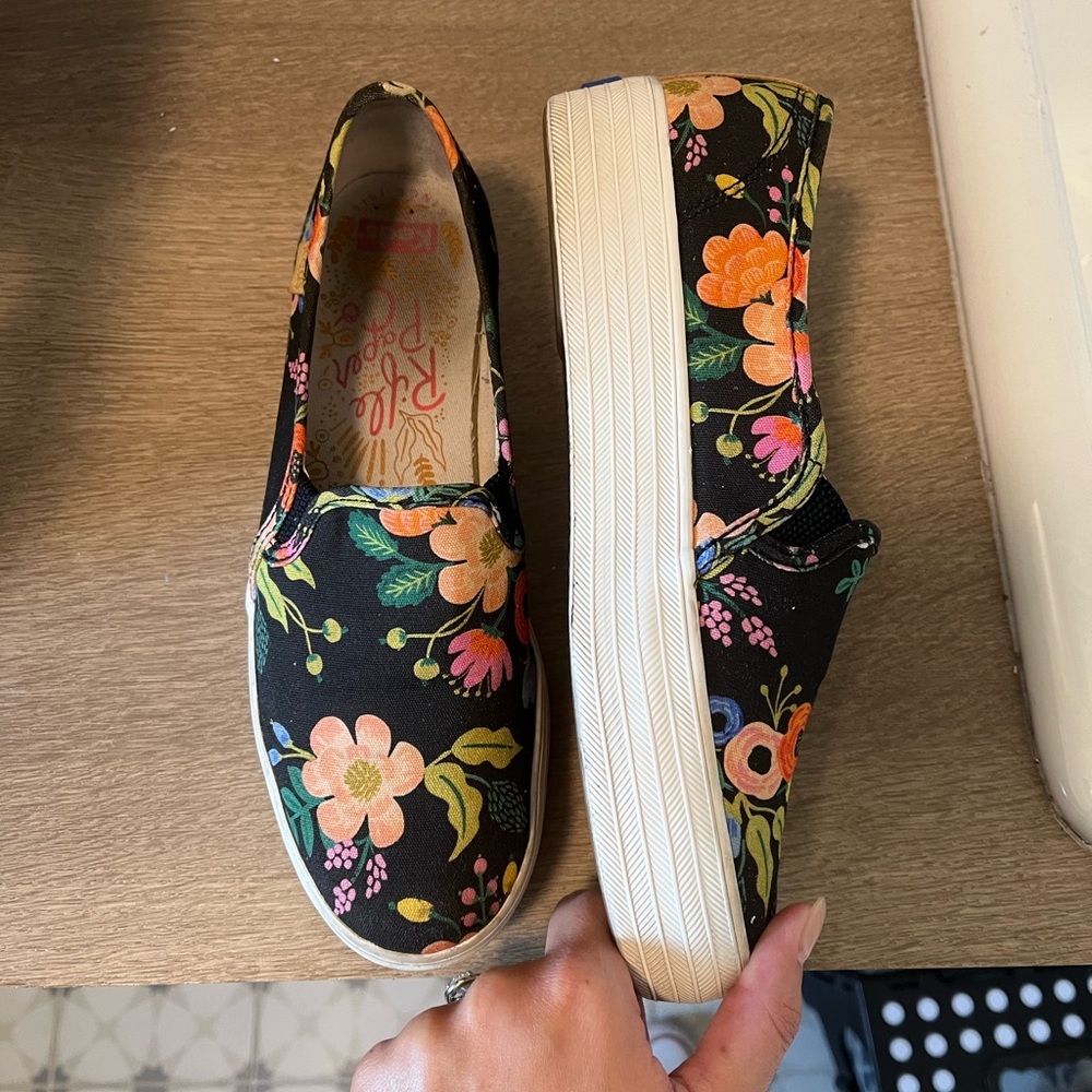 Rifle Paper Co x Keds limited edition triple decker slip on sneakers.